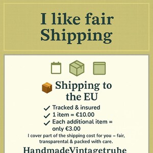 Puede incluir: Gr&aacute;fico con el texto "I like fair Shipping" en la parte superior y "Shipping to the EU" debajo. El texto va acompa&ntilde;ado de iconos de calendario, caja y paquete. El texto tambi&eacute;n indica que el env&iacute;o est&aacute; rastreado y asegurado.