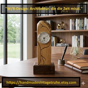 Puede incluir: Un reloj de mesa de madera con un acabado de veta de madera clara. La esfera del reloj es blanca con n&uacute;meros y manecillas negras. El reloj est&aacute; montado sobre una base marr&oacute;n oscuro. El texto "W/B-Design: Architektur, die die Zeit misst." est&aacute; en la parte superior.