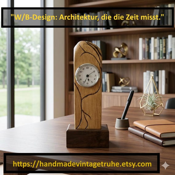 Massive Standuhr Holz Handarbeit, Designer Uhr Natur-Stil, Schreibtischuhr Unikat Braun, Hochwertiges Deutsches Uhrwerk