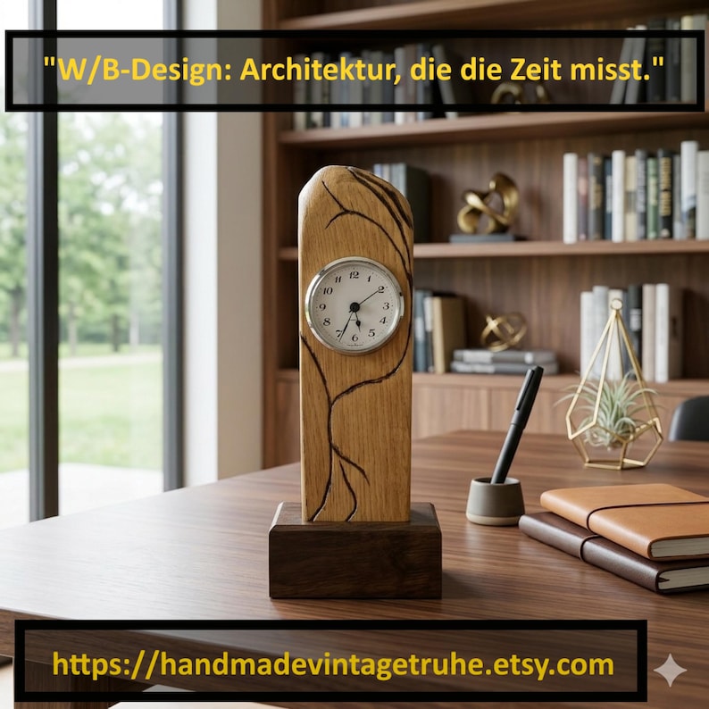 Puede incluir: Un reloj de mesa de madera con un acabado de veta de madera clara. La esfera del reloj es blanca con n&uacute;meros y manecillas negras. El reloj est&aacute; montado sobre una base marr&oacute;n oscuro. El texto "W/B-Design: Architektur, die die Zeit misst." est&aacute; en la parte superior.