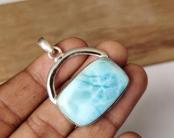 Handmade Larimar Gemstone Pendant: Sterling Silver Designer Jewelry