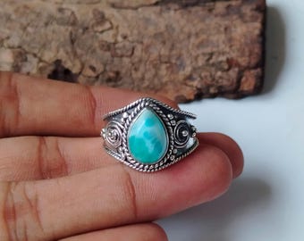 Handgemaakte Larimar-ring: 925 sterlingzilveren bohoband