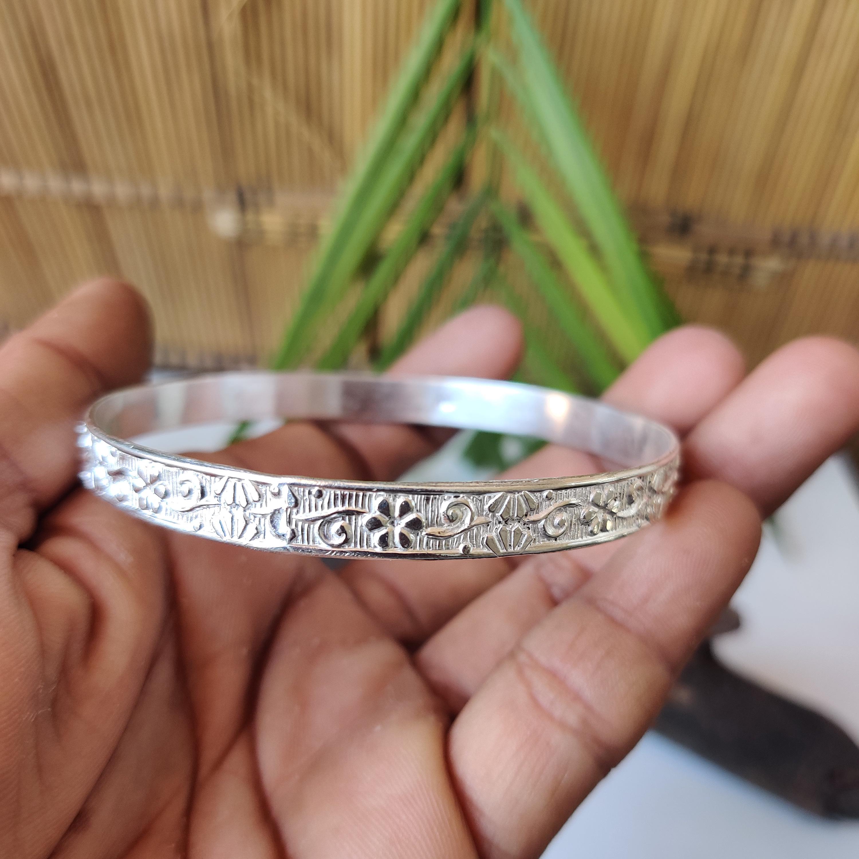 Handmade 925 Sterling Silver Bangle: Floral Etched Handmade