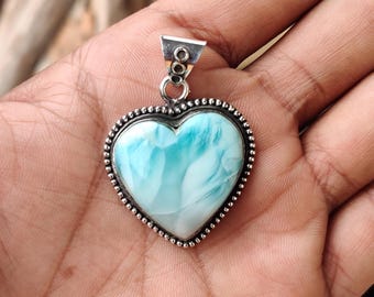 Colgante de corazón de larimar hecho a mano: joyería nupcial de plata de ley 925