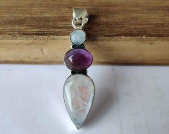 Rainbow Moonstone & Amethyst 925 Sterling Silver Pendant: Handmade Gemstone Jewelry