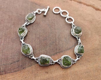 Brazalete de moldavita en bruto: Pulsera de plata de ley 925 con piedras preciosas