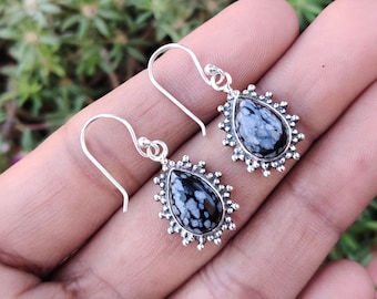 Pendientes de obsidiana copo de nieve en plata de ley 925: regalo de boda, pendientes delicados, joyería para mujer