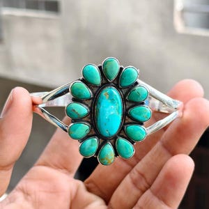 Kingman Turquoise Adjustable Bangle, Handmade 925 Sterling Silver Cuff Gemstone Bangle Gift For Mommy