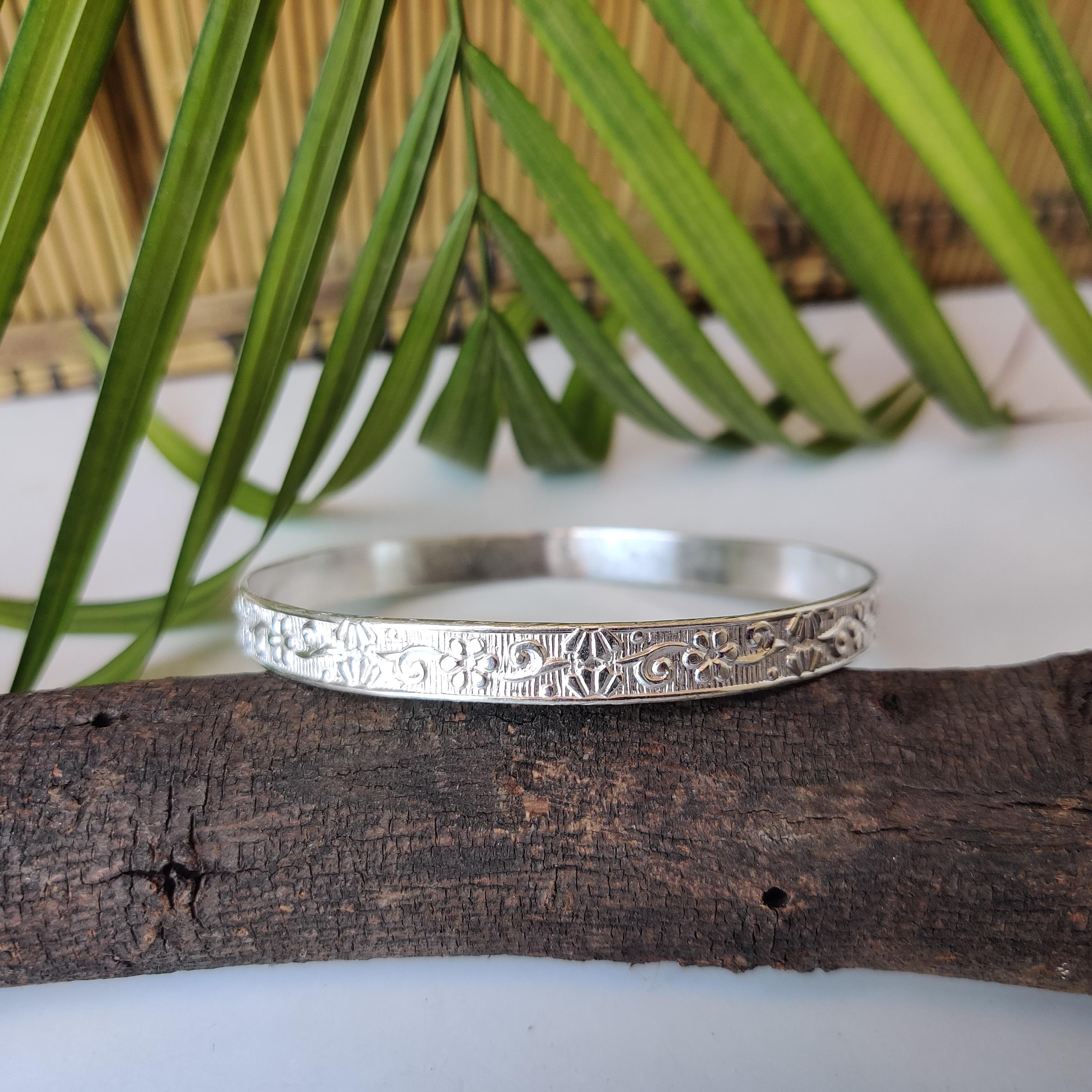 Handmade 925 Sterling Silver Bangle: Floral Etched Handmade