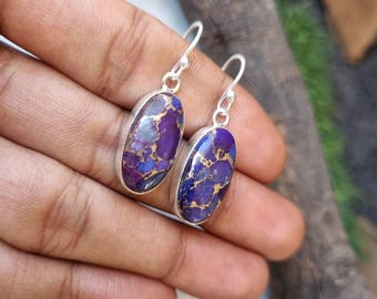Oval Purple Copper Turquoise Earrings: 925 Sterling Silver Gemstone Earring