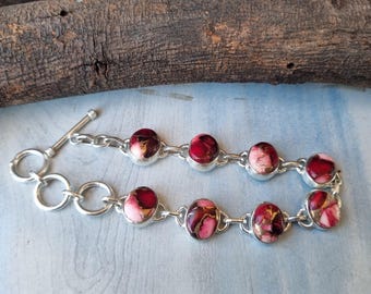 Pink Oyster Turquoise Bracelet: 925 Sterling Silver Statement Jewelry