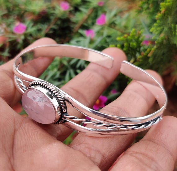 Rose Quartz 925 Sterling Silver Bangle: Adjustable Open Cuff