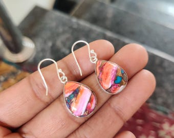 Pear Shape Pink Copper Turquoise Earrings: 925 Sterling Silver