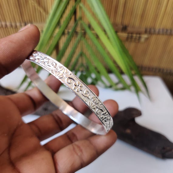 Handmade 925 Sterling Silver Bangle: Floral Etched Handmade
