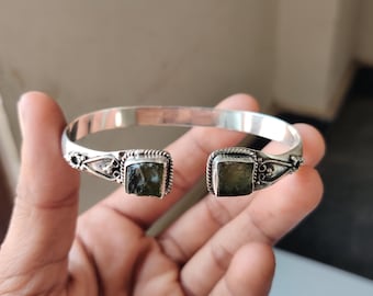 Handmade Raw Moldavite Bangle: 925 Sterling Silver, Adjustable Bangle