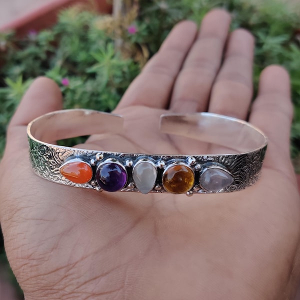 925 Sterling Silver Femstensarmband: Karneol, Rosenkvarts, Ametist, Citrin, Månsten Handgjorda Smycken
