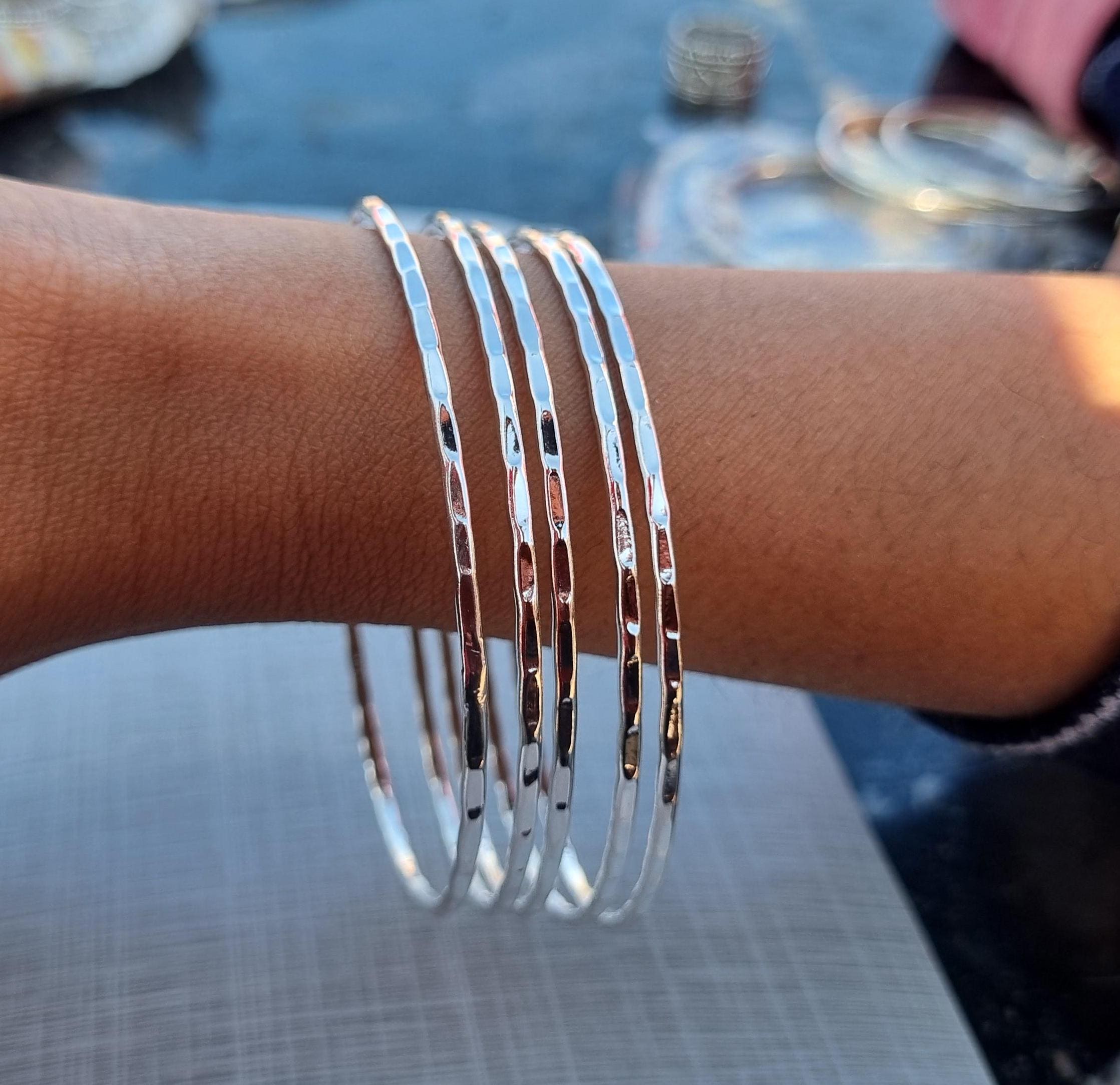 Hammered 925 Sterling Silver Bangle Set: Designer Women's Jewelry