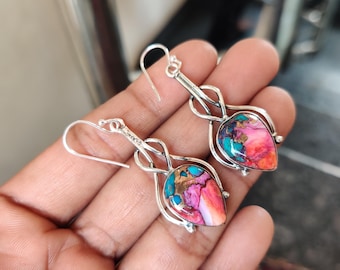 Pink Copper Turquoise Earrings: 925 Sterling Silver Gemstone Earrings, Handmade Jewelry
