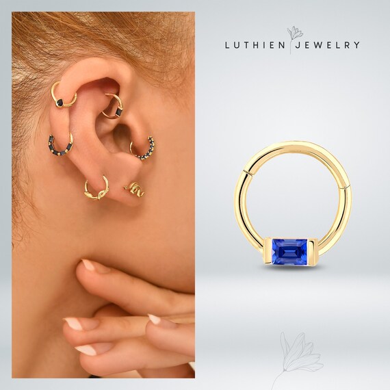 Baguette Saphhire Huggies, Minimal Gold Hoop Cartilage Earring