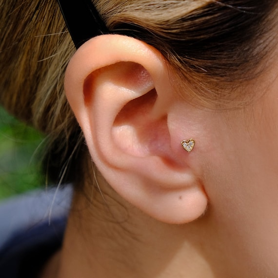 Diamond Heart Tragus Piercing 14K Solid Gold Helix Flat Back 