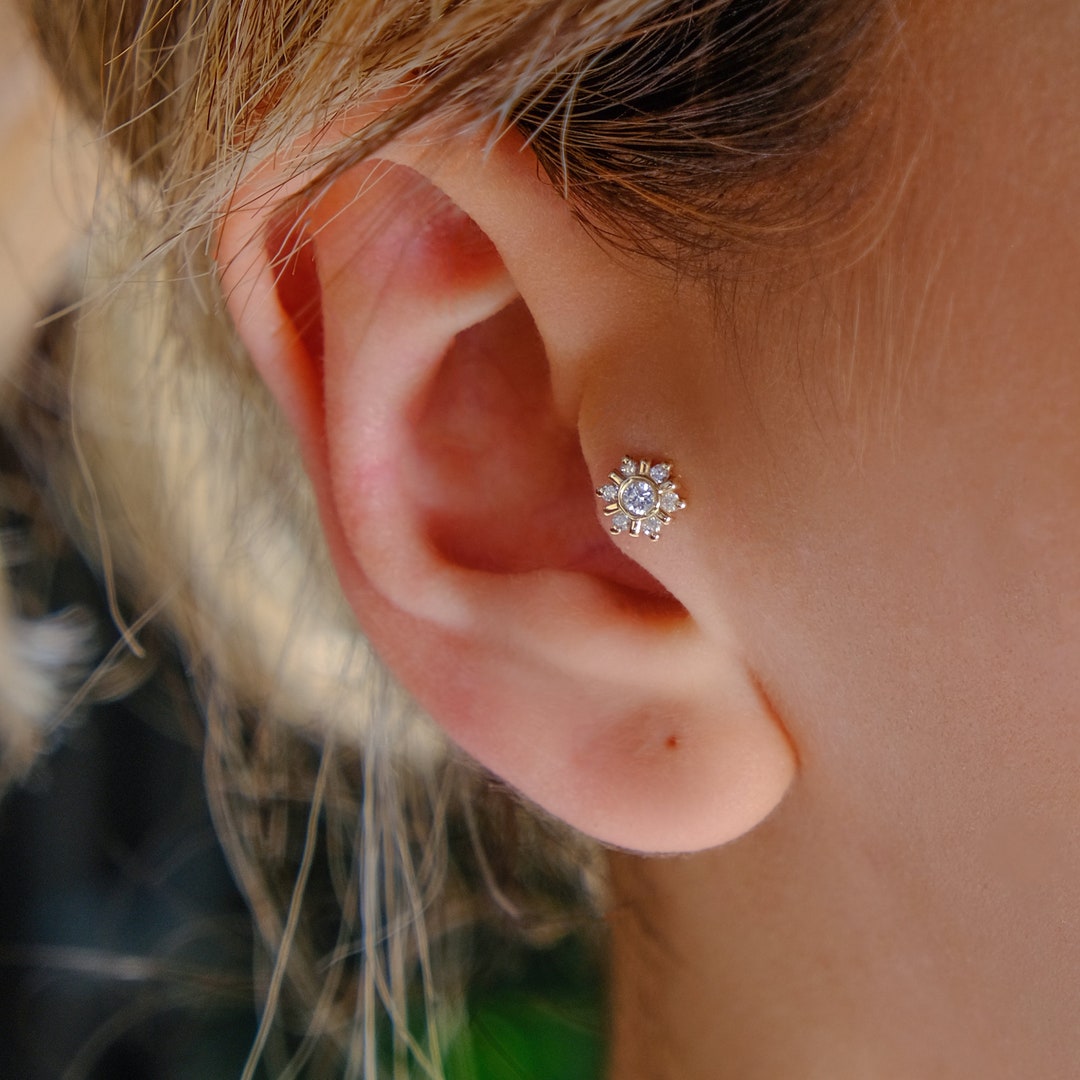 Delicate Real Solitaire Tragus Stud Piercing Gold Helix Stud