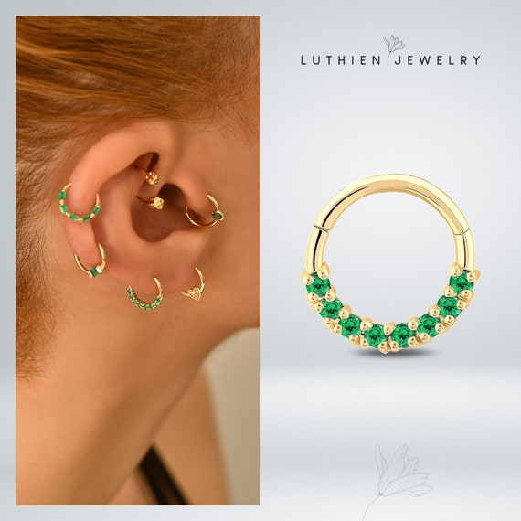 14K Solid Gold Emerald Tragus Hoop Earring Natural Emerald