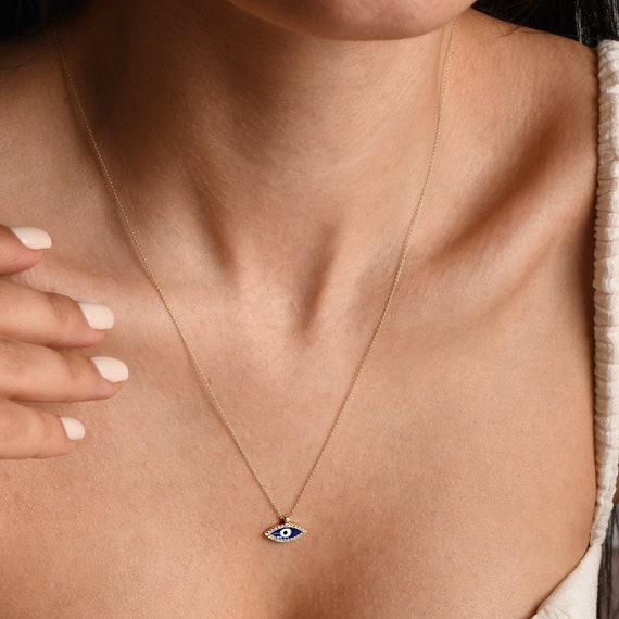 14K Solid Gold Dainty Evil Eye Necklace Real Diamond Protection