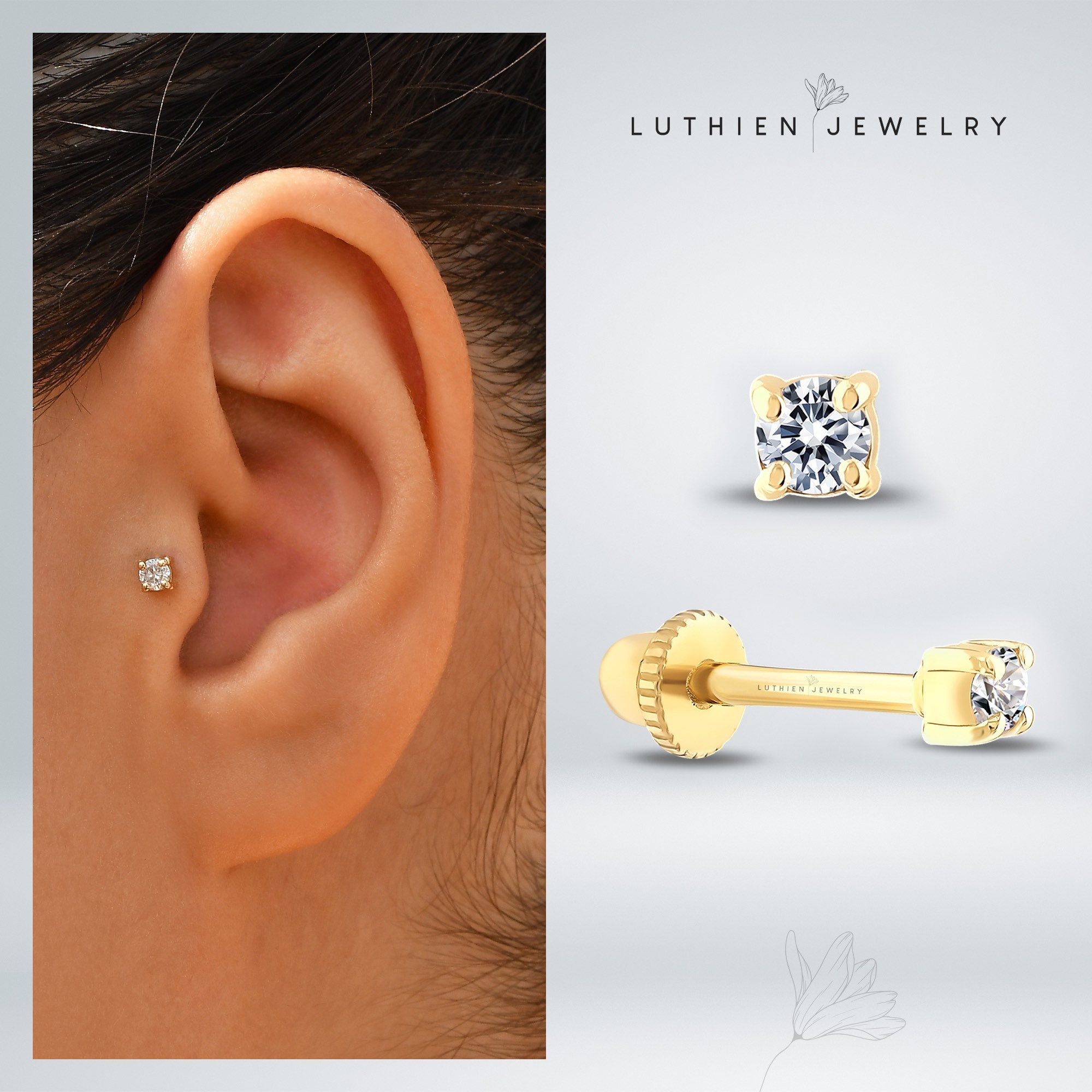 Delicate Real Solitaire Tragus Stud Piercing Gold Helix Stud -  Israel