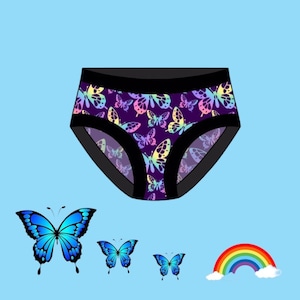 Könnte beinhalten: Lilafarbene Unterwäsche mit schwarzem Bund und einem bunten Schmetterlingsmuster. Die Unterwäsche ist von blauen Schmetterlingen und einem Regenbogen umgeben.