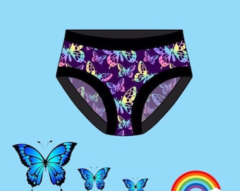 Braguitas trans para mujer, ropa interior para meter y sacar, orgullo, prêt-à-porter, hipsters, LGBTQ+, no binarios, mariposas arcoíris