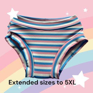 May include: High-waisted underwear featuring horizontal stripes in light blue, white, and pink. The garment has a thick waistband and leg openings with matching striped trim. The text "Extended sizes to 5XL" is printed at the bottom of the image.