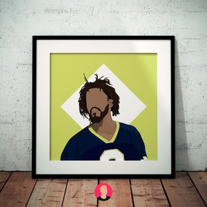 Peut inclure: Illustration numérique d'une personne aux cheveux bruns foncés et à la barbe portant un maillot bleu marine avec un numéro 8 blanc sur le devant. L'arrière-plan est de couleur jaune clair.