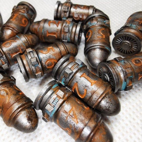 Bolter rounds with rust effect. 3D printed. Hand painted. Set of 14 D6 dice. Top quality.