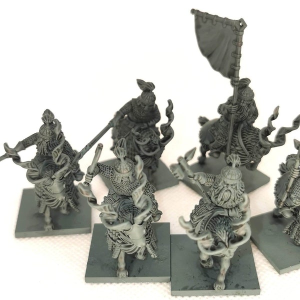 Iron Hill Dwarves Goat Riders with round bases. Set of 7 miniatures. 3D printed. MESBG. Top quality.