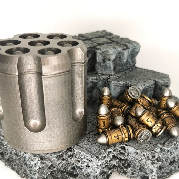 Bolter rounds in brass casing. D6 dice set 3D printed bullets, counters. Set of 14. BOX is optional. Top Quality.
