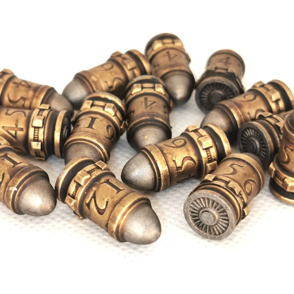 Bolter rounds in brass casing, set of 14 D6 dice, brass effect, 3D printed, hand painted. Top quality.