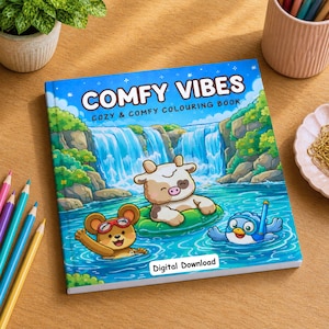 Comfy Vibes kleurboek, 45 digitale kleurplaten, gewaagde en gemakkelijke ontwerpen, pdf-download, kleurplaten voor volwassenen, schattig en comfortabel kleurboek
