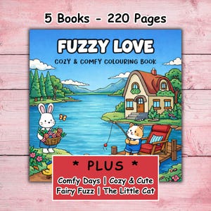 Zestaw kolorowanek, 220 stron, Puszysta miłość, Wygodne dni, Przytulne i słodkie, Wróżkowy puch, Mały kot, Pobierz plik PDF, Kolorowanki dla dorosłych