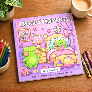 Livre de coloriage Froggy Moments, 31 pages à colorier numériques, téléchargement PDF, livre de coloriage mignon et confortable, designs audacieux et faciles