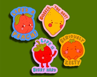 Glittery cute fruit puns 4pc sticker set