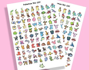 May include: Two white sticker sheets featuring a collection of small, colourful cartoon character illustrations. Each sheet is labelled with the text Pokemon 152-251 at the top and displays a grid of various creatures in diverse poses, colours, and shapes.