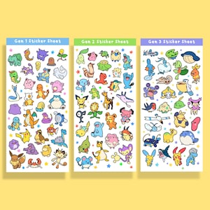 May include: Three sticker sheets featuring colorful cartoon characters. Each sheet is labeled with "Gen 1", "Gen 2", and "Gen 3" in blue, green, and purple, respectively. The stickers are arranged on a white background with a yellow backdrop.