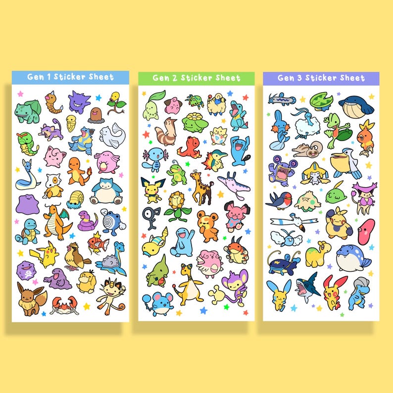 May include: Three sticker sheets featuring colorful cartoon characters. Each sheet is labeled with "Gen 1", "Gen 2", and "Gen 3" in blue, green, and purple, respectively. The stickers are arranged on a white background with a yellow backdrop.
