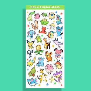 May include: A sticker sheet featuring colorful cartoon characters, with the text "Gen 2 Sticker Sheet" at the top. The stickers depict various creatures in a playful style, surrounded by small star accents. The background is a solid teal color.