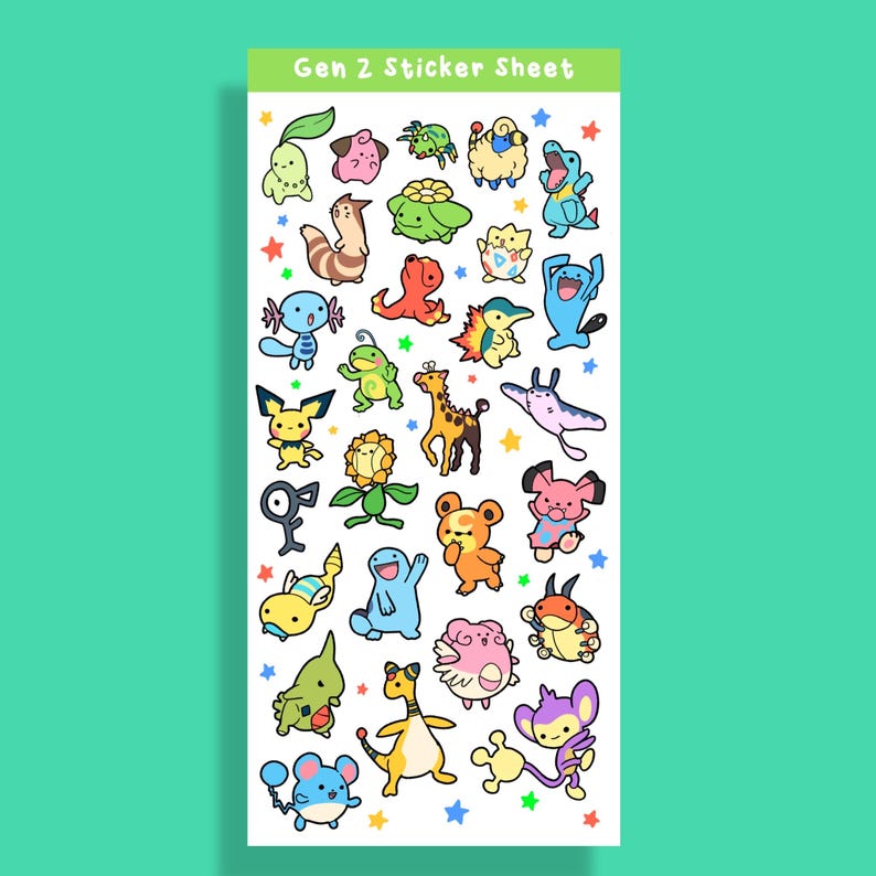 May include: A sticker sheet featuring colorful cartoon characters, with the text "Gen 2 Sticker Sheet" at the top. The stickers depict various creatures in a playful style, surrounded by small star accents. The background is a solid teal color.