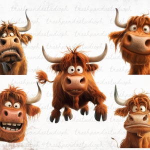 Cute and Quirky Highland Cow Clipart Bundle, Funny Faces of a Highland Cow Printable Set, Hilarious Highland Cow PNG, Scrapbook Graphics