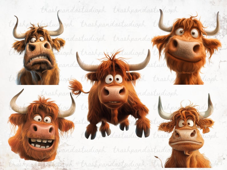 Cute and Quirky Highland Cow Clipart Bundle, Funny Faces of a Highland Cow Printable Set, Hilarious Highland Cow PNG, Scrapbook Graphics