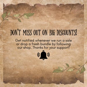 Może przedstawiać: Grafika w stylu vintage z tekstem "DON'T MISS OUT ON BIG DISCOUNTS!". Zachęca widz&oacute;w do otrzymywania powiadomień o wyprzedażach poprzez obserwowanie sklepu. Ikona dzwonka jest prezentowana wraz z dekoracyjnymi akcentami liści.