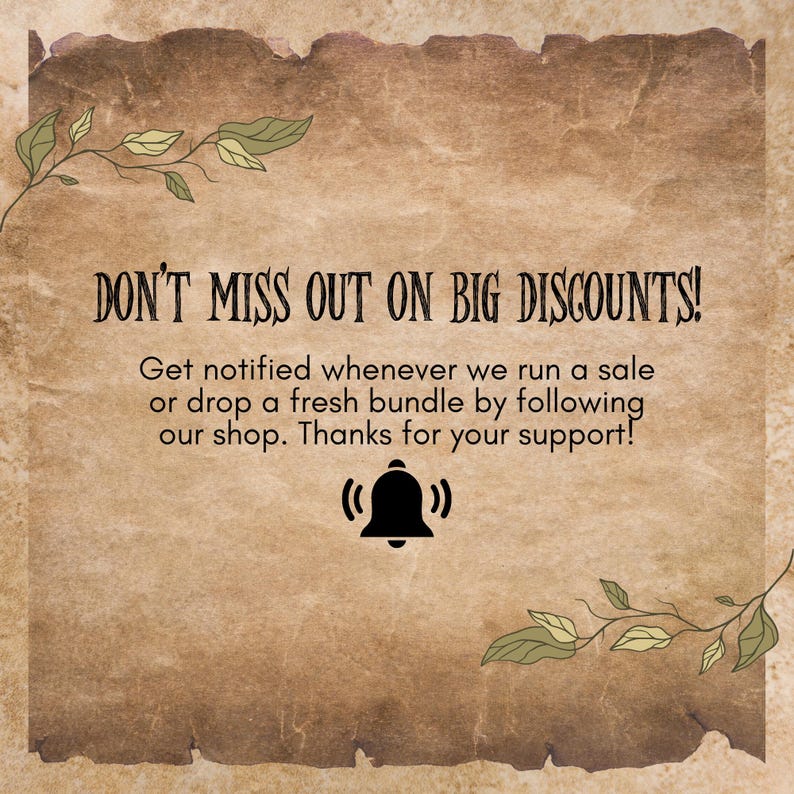 Może przedstawiać: Grafika w stylu vintage z tekstem "DON'T MISS OUT ON BIG DISCOUNTS!". Zachęca widz&oacute;w do otrzymywania powiadomień o wyprzedażach poprzez obserwowanie sklepu. Ikona dzwonka jest prezentowana wraz z dekoracyjnymi akcentami liści.
