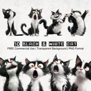 Puede incluir: Una colección de diez gatos de dibujos animados en blanco y negro en varias poses, con expresiones sorprendidas y emocionadas. La imagen incluye el texto "10 BLACK & WHITE CAT" y "FREE Commercial Use | Transparent Background | PNG Format."